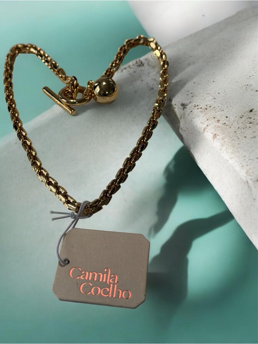 Camila Coelho Gold Rounded Box Chain Statement Necklace 18" NWT Toggle Clasp